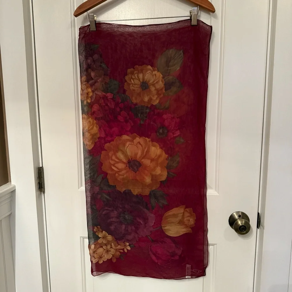 OSCAR DE LA RENTA SCARF SHEER SILK LARGE SQUARE FLORAL DARK RED BROWN GREEN